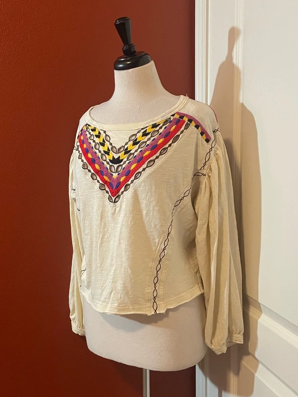 Free People Women’s NWT Hand Me Down Cropped Colorful Bohemian Ivory Boho Top